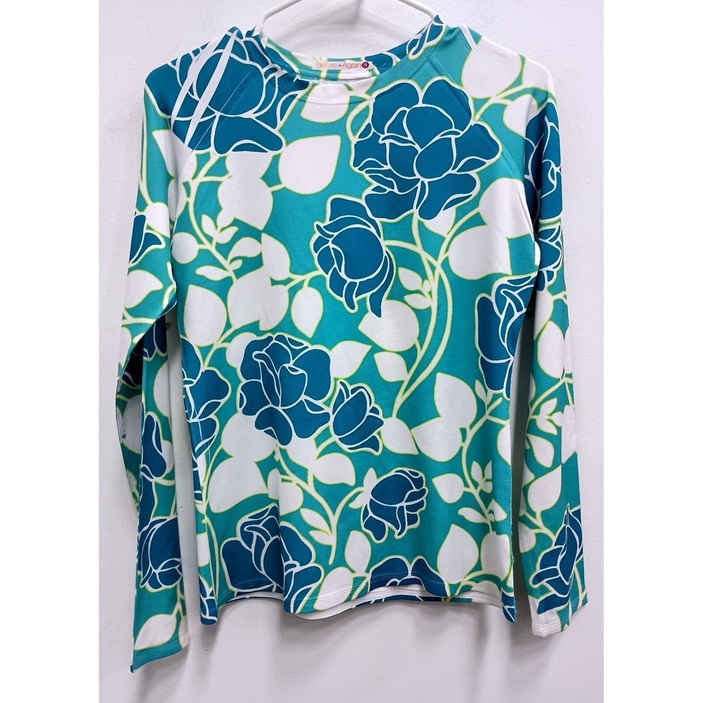 Before+Again Long Sleeve Top Womens Small Blue Floral Raglan Crew Neck USA